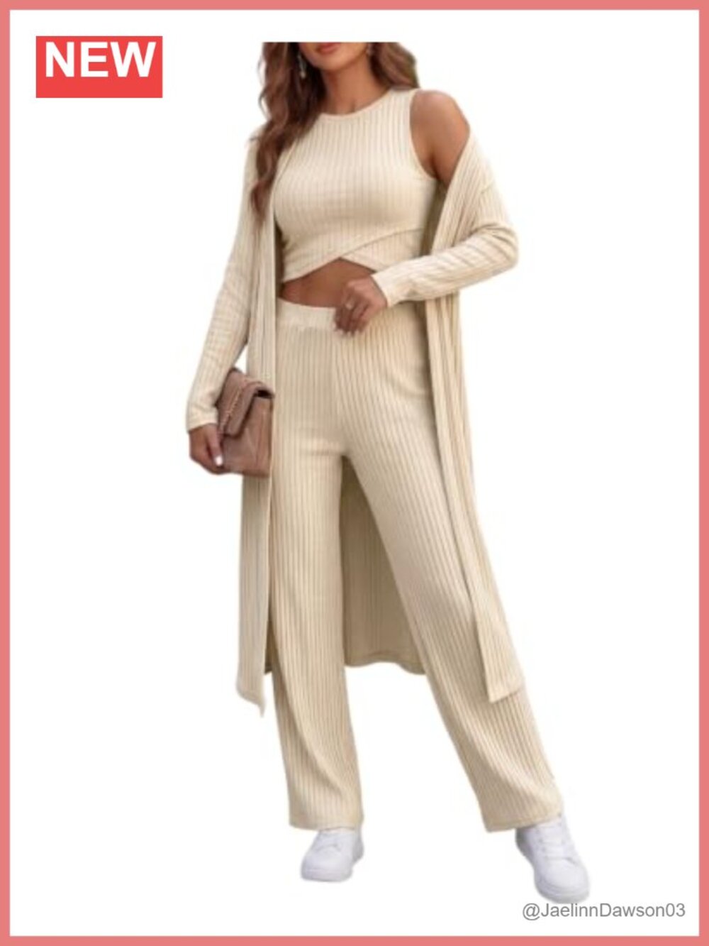 Ribbed Knit 3 Piece Lounge Set Criss Cross Tank Wide Leg Pants Cardigan